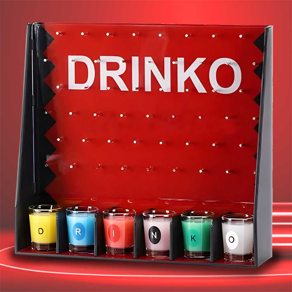 Drinko Trinkspiel inkl 6 Shotgläser, plinko mit Kronkorken, Shotglas Trinkspiel mit Zufall