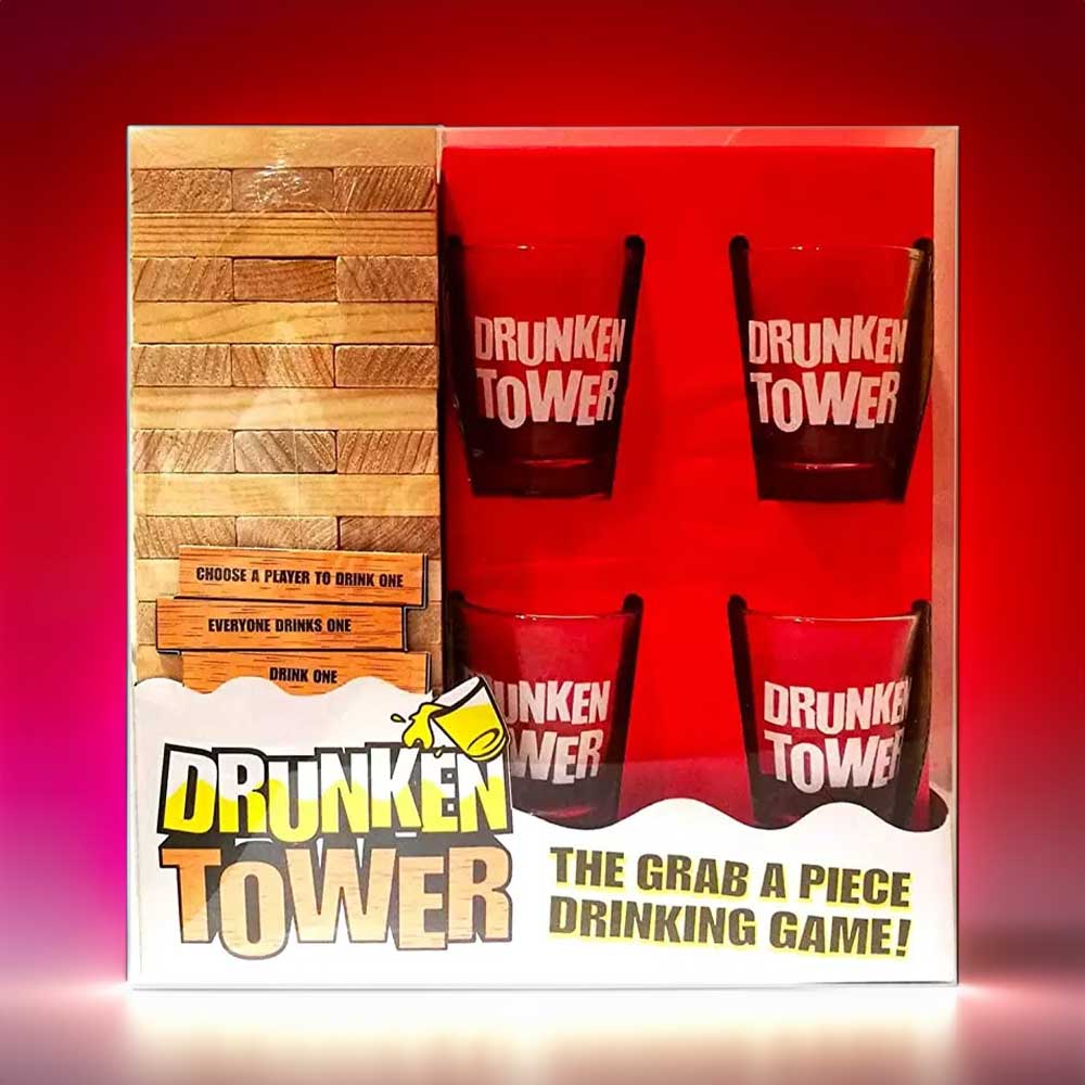 Drunken Tower - inkl 4 Shotgläser, wackelturm, partyspiel, tipsy tower